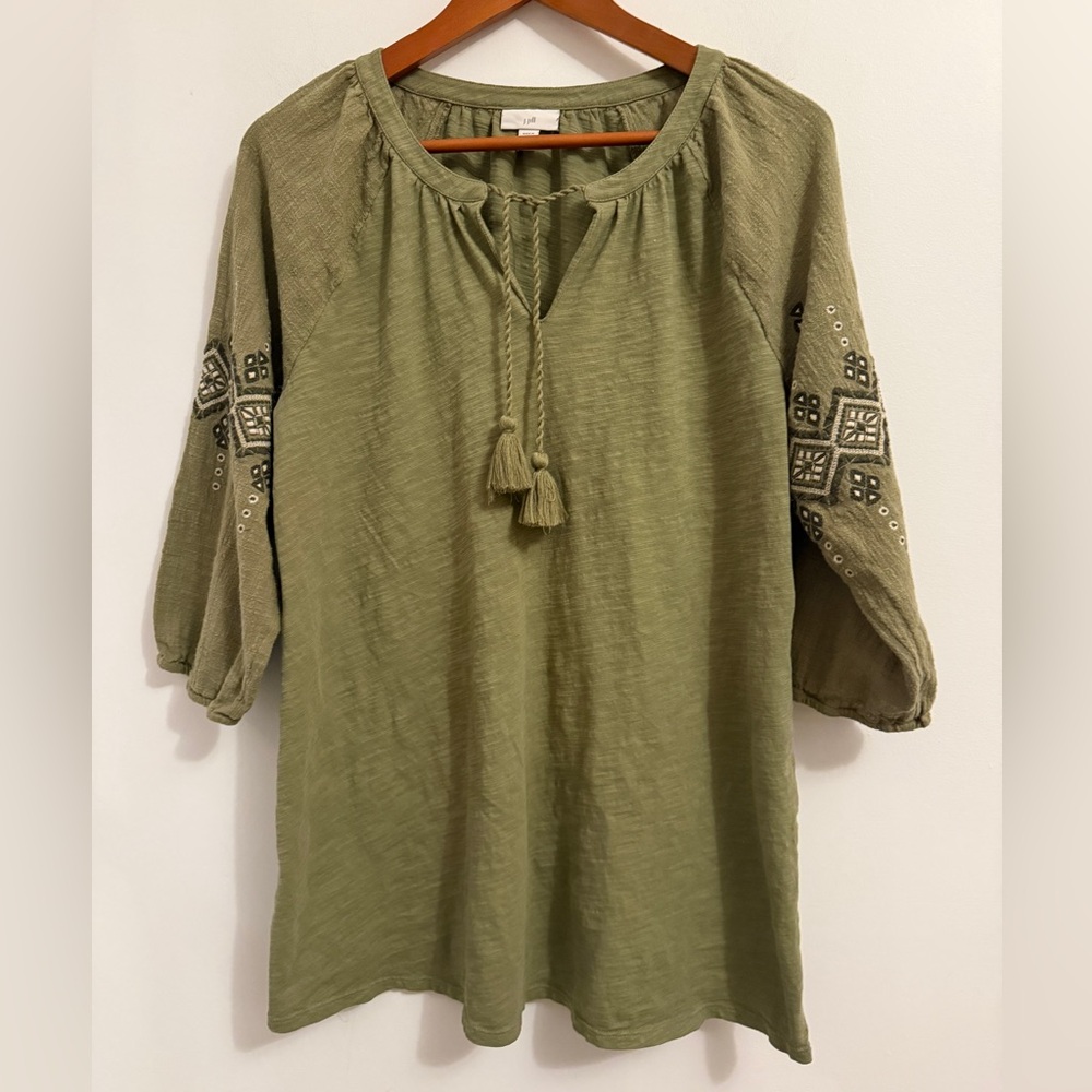 J.Jill Olive Green Embroidered Peasant Tunic Blouse Medium Tall 🌿 Boho Cotton - Picture 6 of 13